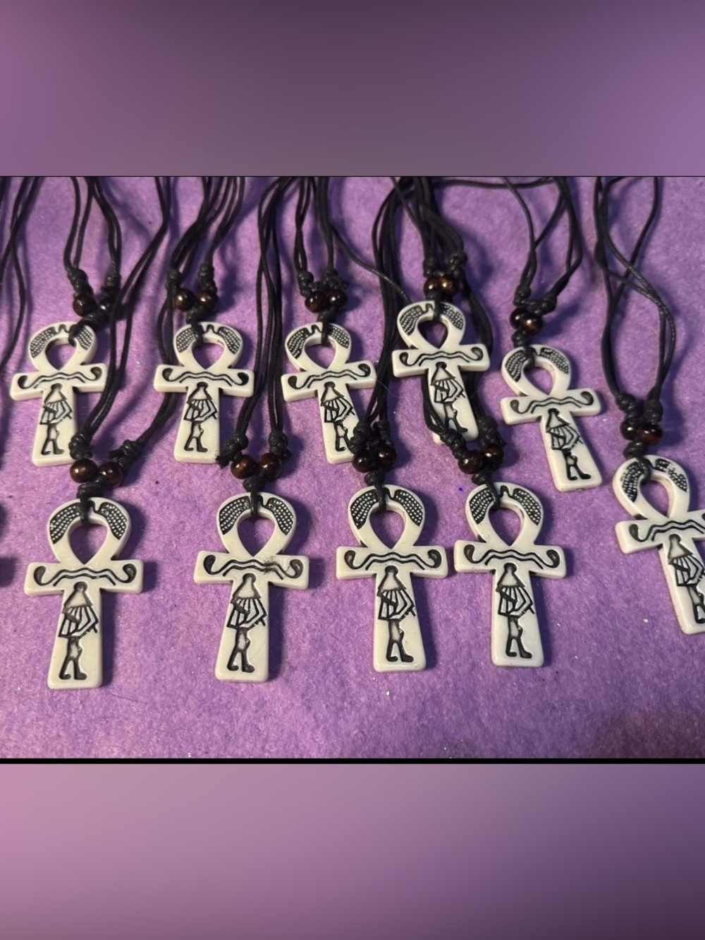 White Ankh Pendant Necklace with Black Detailing on black adjustable rope
